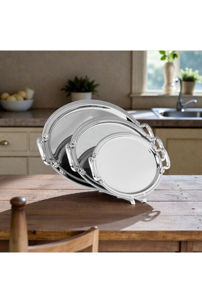 AR HOME 3 pcs steel tray set round-silver