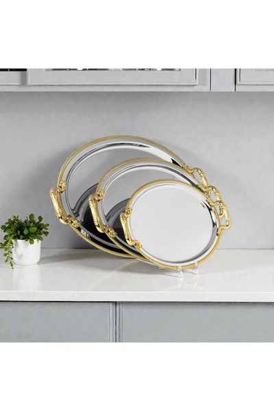 AR HOME 3 PCS STEEL TRAY-ROUND-GOLD-SILVER