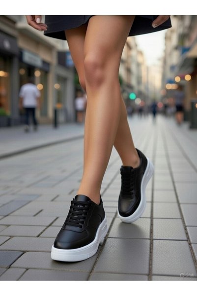 VELLINA Women's Black and White Casual Thick Sole Sneakers Lace-Up White Comfortable Model Walking Shoes