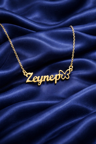 KAR DİAMOND 925 Ayar Gümüş Altın Kaplama Kişiye Özel İsimlik Kelebekli Kolye ...