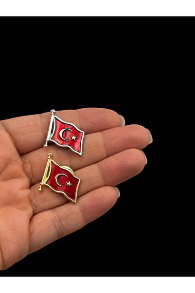modamira Altın Rengi ve Gümüş Rengi Türk Bayrağı Yaka Rozeti