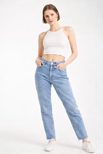 LA CARTE Kadın Kum Taşlı Mavi Mom Jean