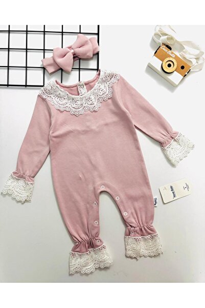 cacobutik Baby Girl Ruffle Detailed Long Sleeve Bandana Romper Powder Pink
