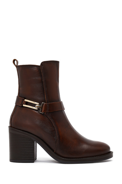 Derimod Women's Brown Buckle Thick Heeled Leather Boots 25Wfd185818