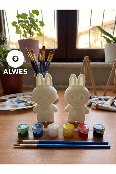 AlwesStore 2'li Labubu Boyama Seti - 2'li Figür & 6 Renk Akrilik Boya Seti - ...