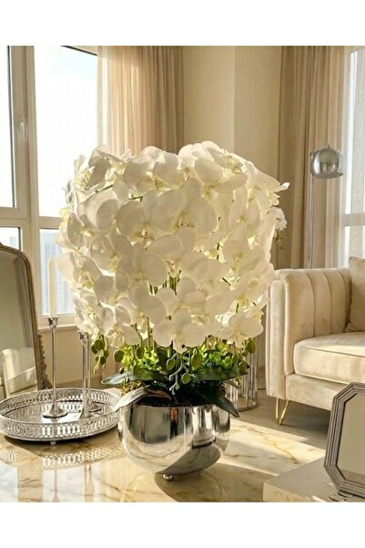 MY LOVE ÇİÇEKÇİLİK Metal Lüx Vazoda 10'Dal Islak Dokulu Latex Beyaz Orkide (P...