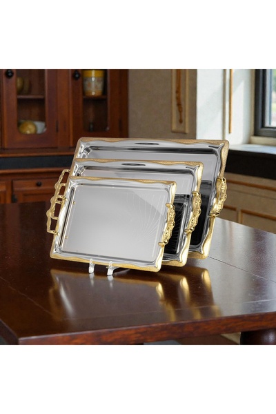 AR HOME 3 PCS STEEL TRAY SET-RECTANGULAR-GOLD SILVER