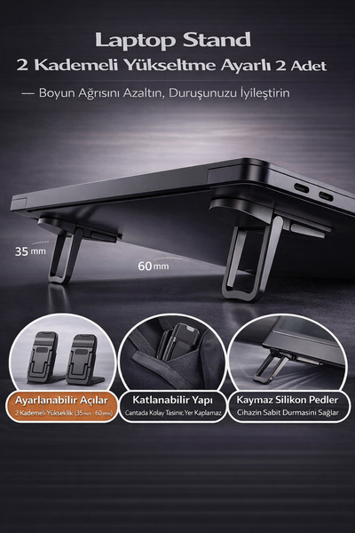 Hane Dostu 2 Adet Çift Kademeli Ayarlanabilir Laptop Standı – Katlanabilir, E...
