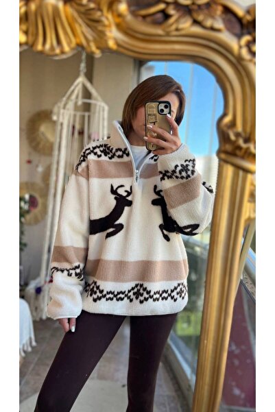 MATTİMODA Geyik Desenli Yarım Fermuar Peluş Sweatshirt