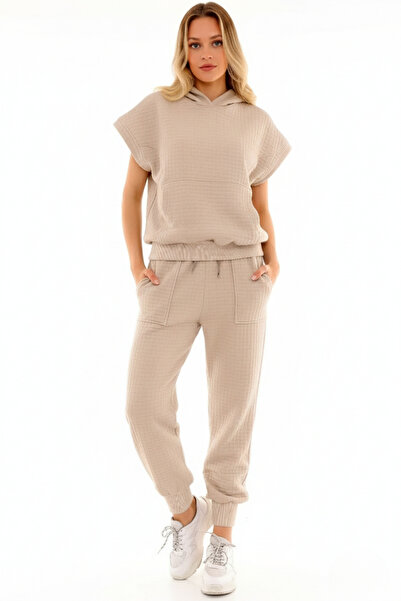 İntive Lingerie Hooded Pocket Short Sleeve Sweat Pocket Waist Drawstring Trou...