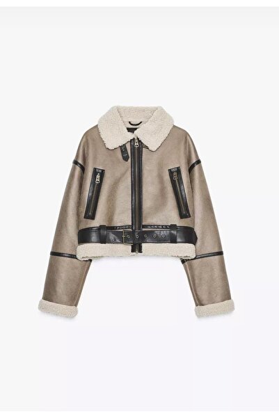 Maison MeDa سترة طيار جلدية مبطنة بالصوف مع حزام - لون بيج