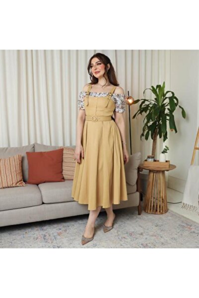 JAQUEEN Midi Dress in Yellow with Floral Sleeves
