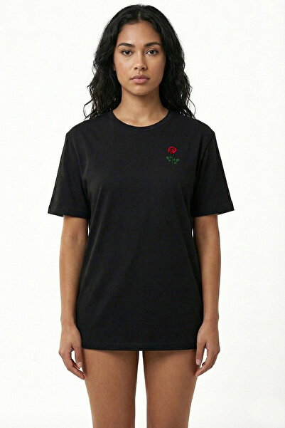 VOSSAX Unisex Siyah Oversize Bisiklet Yaka Streetwear T-shirt Reborn Heykel Ve Gül Baskılı %100 Pamuk