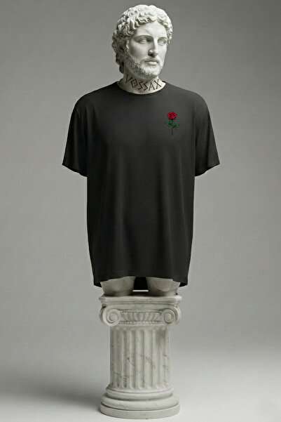 VOSSAX Unisex Siyah Oversize Bisiklet Yaka Streetwear T-shirt Reborn Heykel Ve Gül Baskılı %100 Pamuk