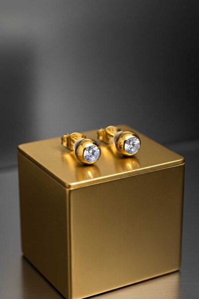 Takıparkxs "Vip Çelik 24 Ayar Altın Kaplama Toplu Zirkon Taşlı 1 Çift Çivi Kü...