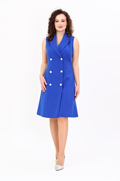 ÖNDER ÖZSOY Jacket Collar Zero Sleeve Double-Breasted Women's Dress- Cobalt