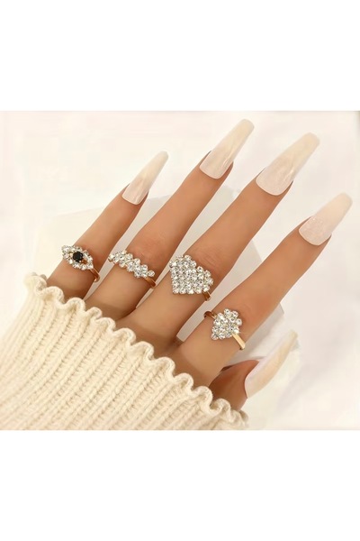 La Saade مجموعة خواتم أيقونية بتصميم القلب والكريستال اللامع - طقم من 4 خواتم...