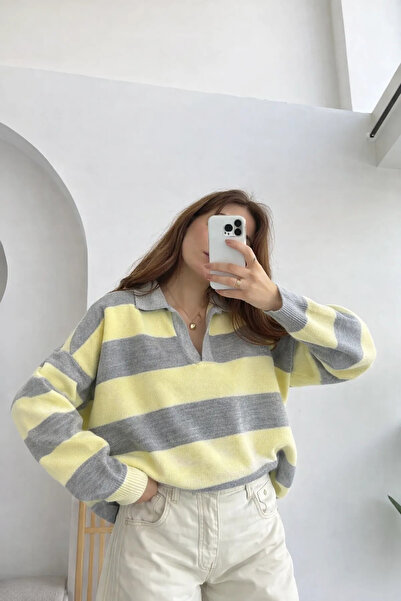 timur örme Kalın Çizgili Polo Yaka Triko Kazak - Sarı & Gri