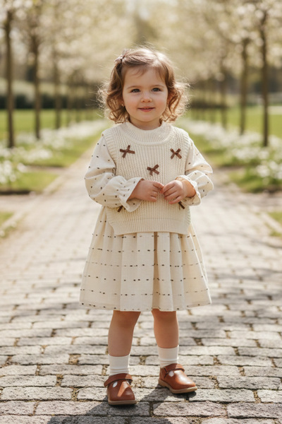 Fulla Moda Rochie pentru fetiță cu pulover de tricotat cu fundă