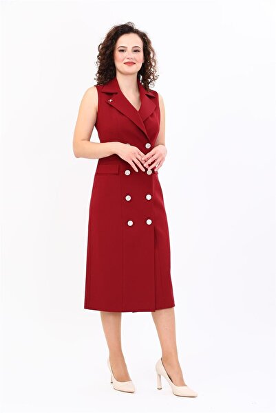 ÖNDER ÖZSOY Jacket Collar Double-Breasted Long Women's Dress-Burgundy