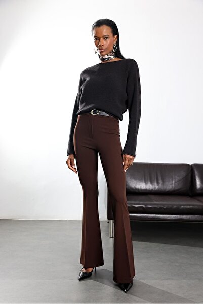 5in1Canpolat Brown Belted Stretch Fabric Spanish Fabric Trousers 2076