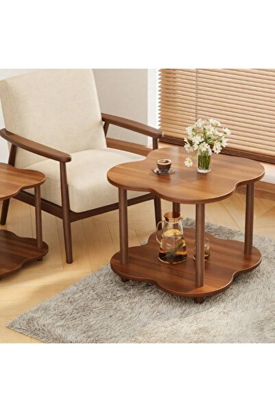 Mtanvxay Four Leaf Clover Brown Wooden Coffee Table Double Layer Open Storage...