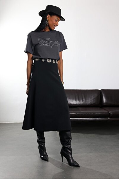 5in1Canpolat Black Lycra Flared Skirt