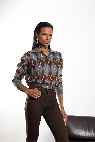 5in1Canpolat Brown Polo Neck Baklava Pattern Sweater