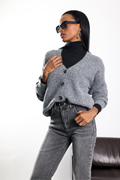 5in1Canpolat Gray V-Neck Soft Textured Cardigan 5101