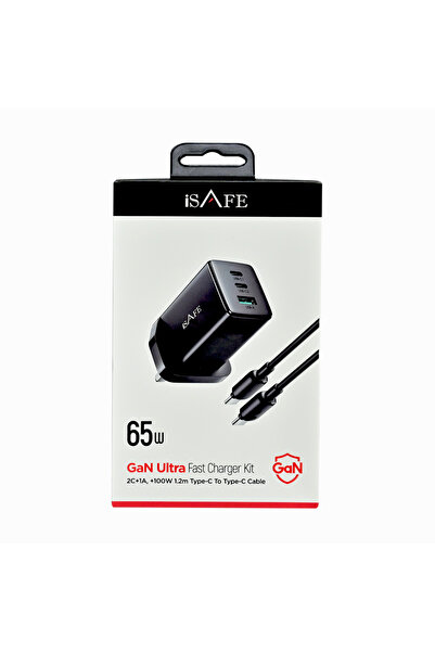 I SAFE شاحن iSAFE فائق السرعة بقوة 65 واط، كابل من النوع C إلى C، أسود اللون