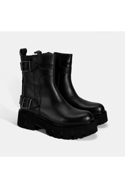 Desa Women's Black Metal Buckle Leather Boots