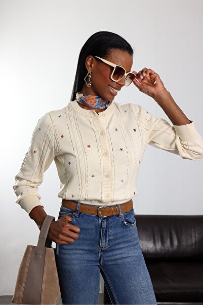 5in1Canpolat Cream Flower Embroidered Hair Knit Cardigan 5070