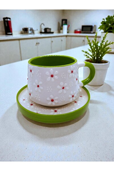 Kabartma Papatya Desen Tabaklı Yeşil Renk El Yapımı Seramik Çay Fincanı Kahve Fincanı Kupa Mug