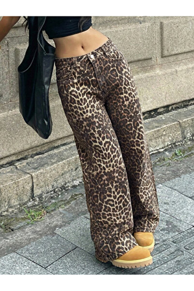 Shevadne Yüksek Bel Leopar Desenli Geniş Paça Jean Pantolon Y2K Vintage Sokak...