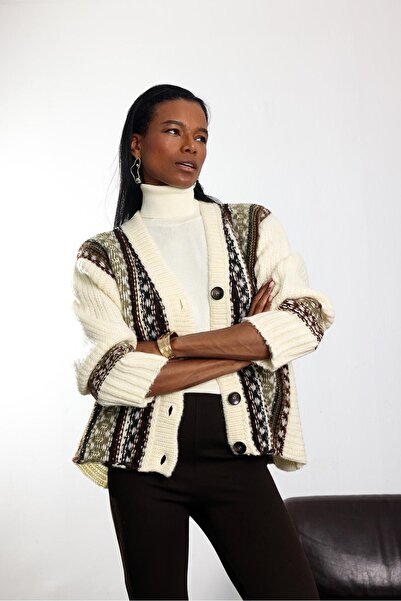 5in1Canpolat Cream Ethnic Patterned Oversized Cardigan 5057
