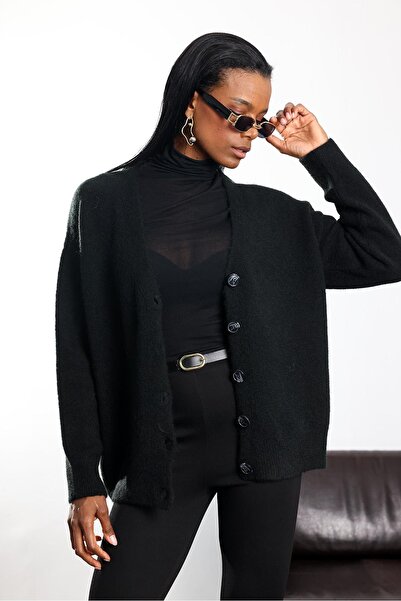 5in1Canpolat Black V-Neck Soft Textured Cardigan 5101