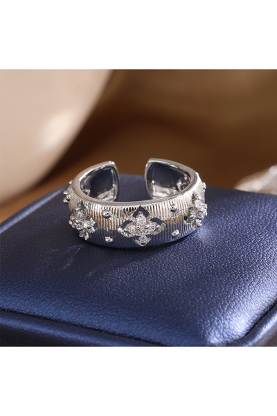 Choice resizable Sliver Color ZAKOL Elegant Four-leaf Flower Zircon Open Ring...