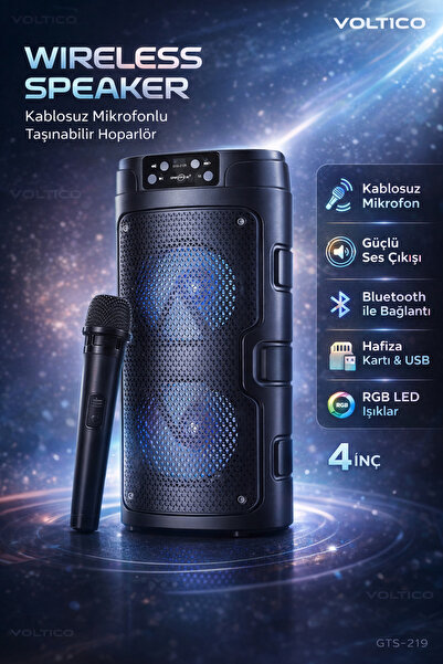 Voltico Kablosuz Mikrofonlu RGB Işıklı Taşınabilir Bluetooth Hoparlör