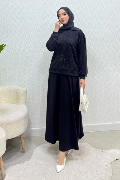 Tesettür Diyarı طقم حجاب من قماش مودال لافندي مزين بالأحجار - أسود