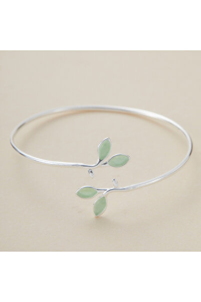 Choice سوار YF8173-1 بتصميم بسيط، فضي اللون، مفتوح على شكل ورقة خضراء، مزين ب...