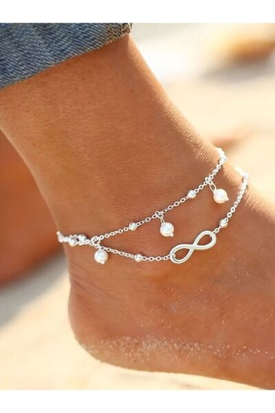 Choice antique silver Double Chain Anklet Figure 8 Ring Shape Imitation Pearl...