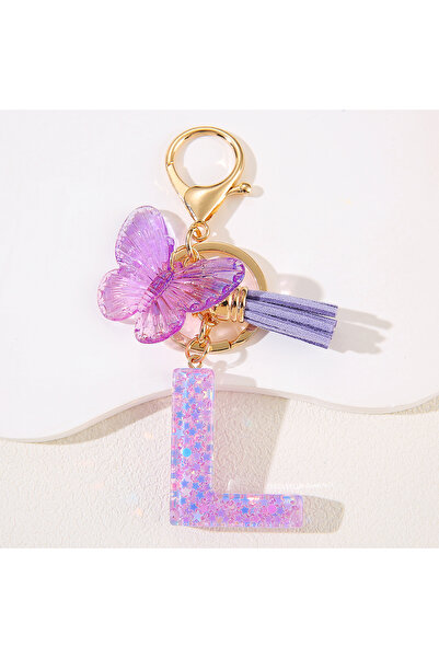 Choice L Cute purple keychain fringe butterfly initials keychain uppercase En...