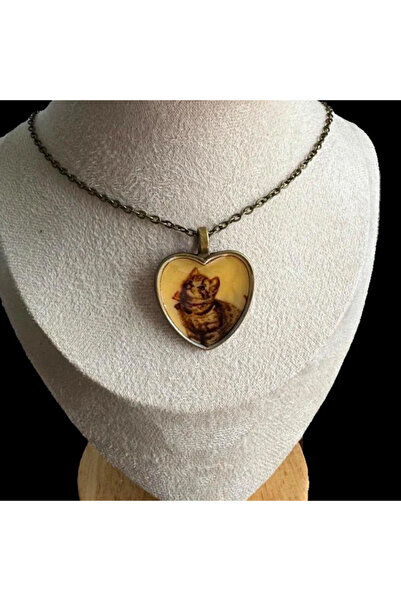 Choice قلادة لطيفة على شكل قطة بنية اللون مربوطة بفيونكة، مزينة بقلب من الزجا...