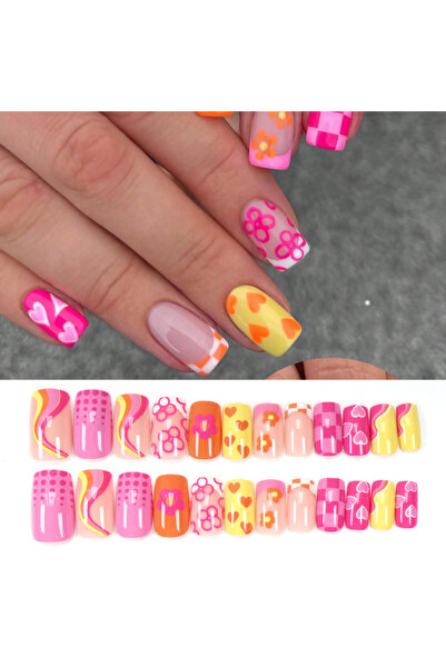 Choice أظافر صناعية قصيرة بيضاء اللون، 24 قطعة، بتصميم أوراق الورد، مثبتة على...