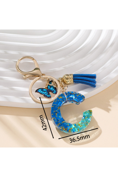 Choice سلسلة مفاتيح حرف أبجدي من سبيكة معدنية، لون أزرق ملكي، فراشة وشرابة، س...