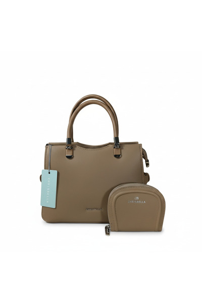 Chrisbella Mini Taupe Brown Luxury Handbag with Adjustable Sling & Matching P...