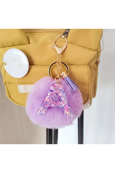 Choice سلسلة مفاتيح بنفسجية لطيفة لامعة بأحرف أولية، مزينة بشراشيب وكرة فرو م...