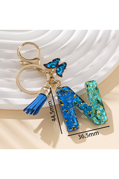 Choice N 1pc Alloy Alphabet Initial Keychain Royal Blue Butterfly & Tassel Le...