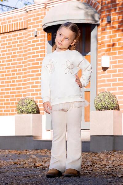 Minycenter Girl's 2-6 Years Old Floral Embroidered Tulle Sweatshirt Ecru