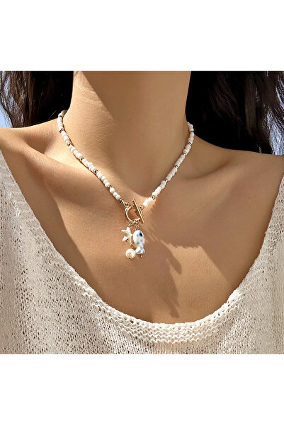 Choice قلادة من السيراميك الأبيض البوهيمي المستوحاة من البحر على شكل سمكة ونج...